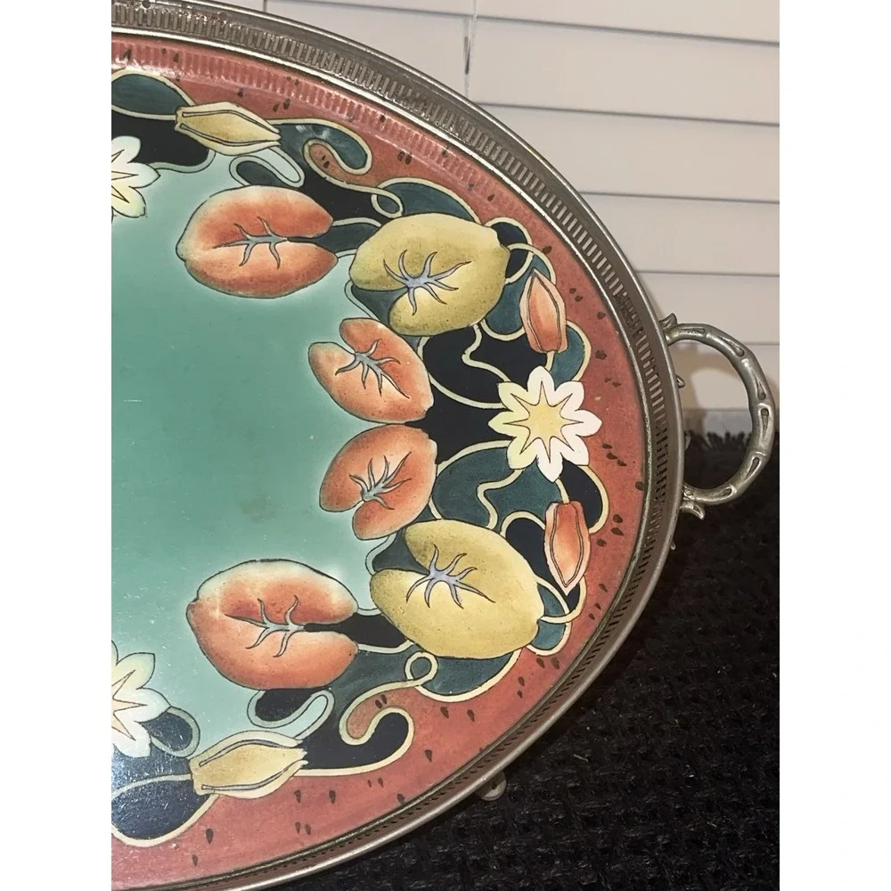 Vintage Gesetzlich‎ geschutzt Tray With Floral Porcelain/Enamel & Metal Frame
